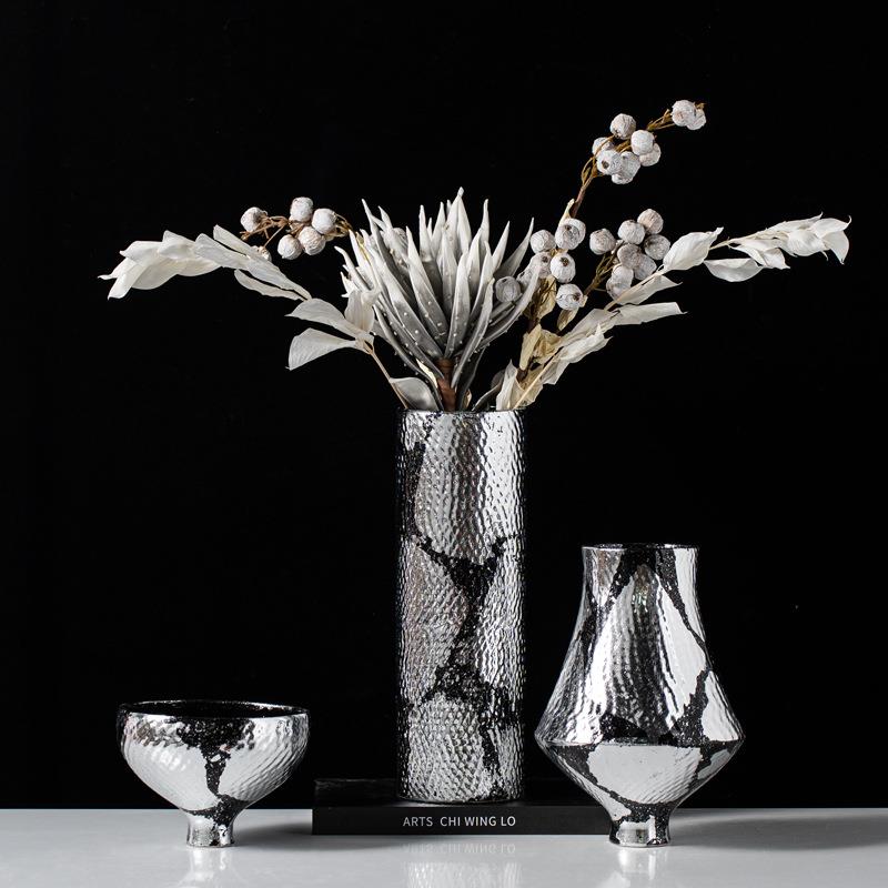 艺贝子新中式高级感电镀银箔艺术陶瓷花器售楼处客厅花瓶软装摆件