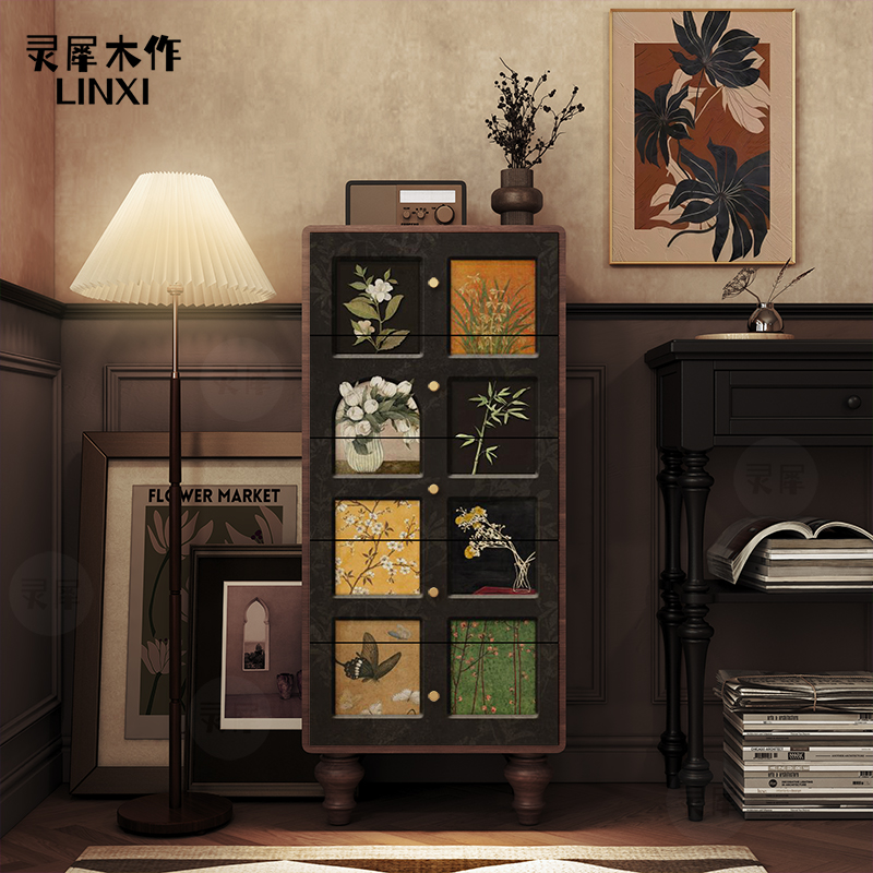 法式中古立体感实木五斗柜客厅装饰收纳柜抽屉储物柜卧室置物柜子