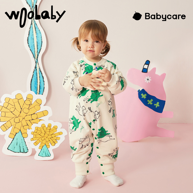 woobaby婴儿连体衣长袖爬服春秋宝宝衣服幼童外出包屁衣babycar