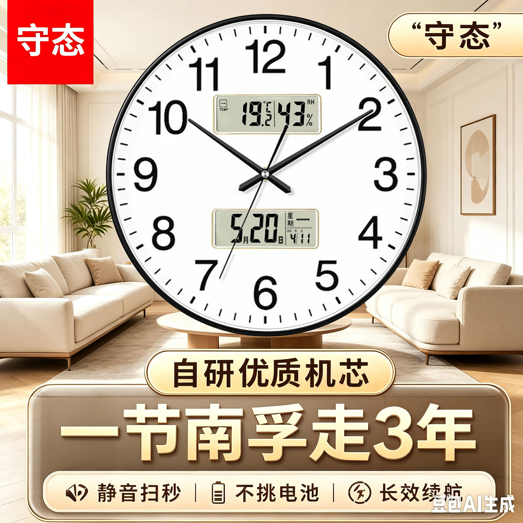 25款钟表挂钟客厅双显日历静音时尚时钟石英钟家用电子挂墙钟表