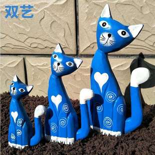 装 北欧地中海风格 饰动物原木小猫一家桌面摆件家居彩绘创意礼品