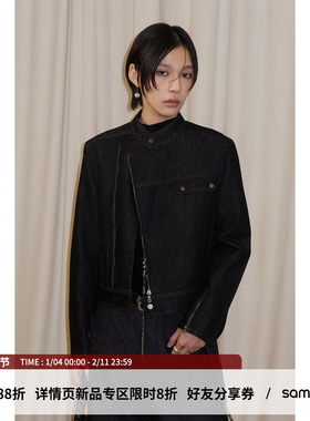 sameuoo散养文化「黑垣」重磅水洗牛仔外套 斜拉链立领黑色短夹克