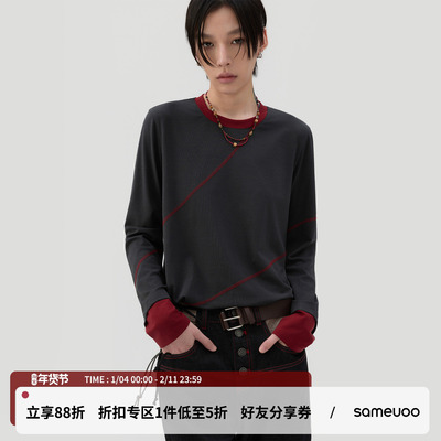 散养文化「灰阶」假两件长袖t恤