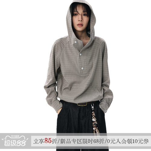 散养文化中性连帽格子长袖衬衫秋
