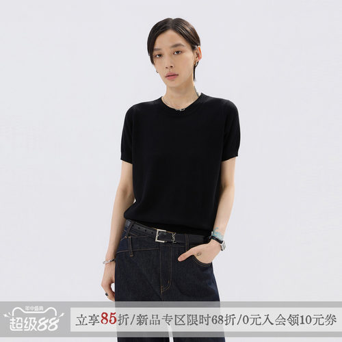 「蓝息」正肩黑色针织衫短袖T恤