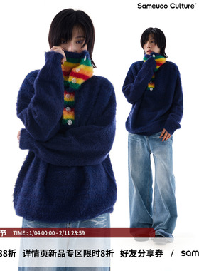 sameuoo散养文化撞色条纹领毛衣女秋冬季设计感彩虹高领情侣上衣