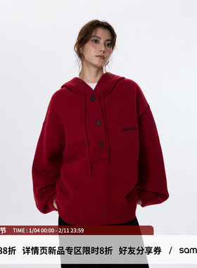 sameuoo散养文化抽绳连帽中性风红色毛衣女秋冬跨年针织衫上衣