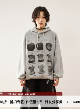 sameuoo散养文化苹果印花美式灰色卫衣女中性风秋冬高级帽衫上衣
