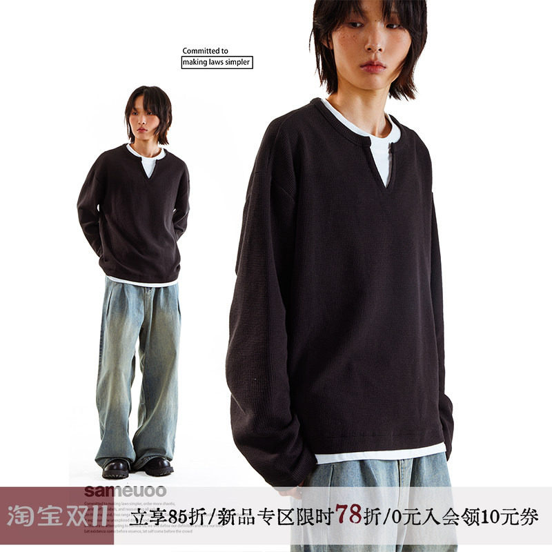 sameuoo散养文化假两件开叉领长袖t恤女春秋华夫格通勤中性风上衣