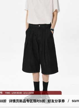 sameuoo散养文化「简牛」黑色牛仔短裤女中性风夏季宽松七分裤男