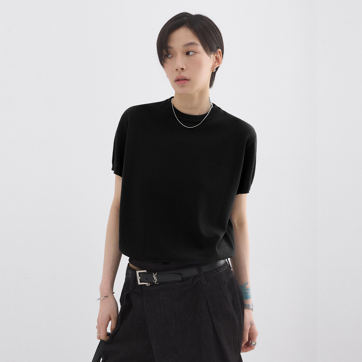 sameuoo散养文化「久仰」黑色亲肤冰丝针织衫短袖t恤女夏通勤上衣图片