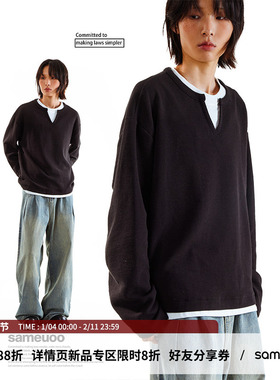 sameuoo散养文化假两件开叉领长袖t恤女秋冬华夫格内搭打底衫上衣