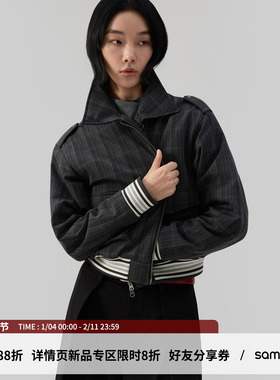 sameuoo散养文化「棱泊」水洗短款棉服外套 复古千鸟格工装棉衣冬