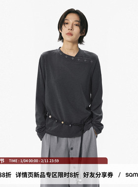 sameuoo散养文化「银月」中性风长袖t恤女秋冬交叉领黑色内搭上衣