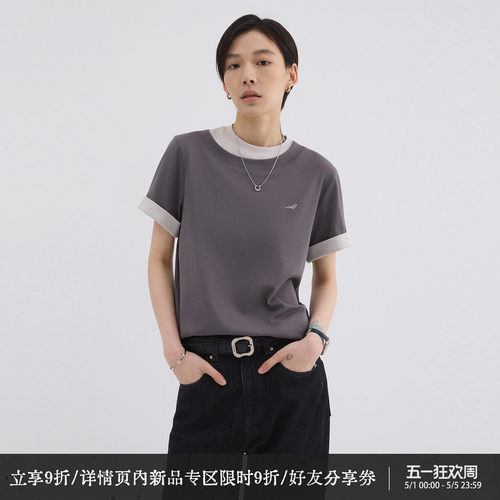 散养文化设计感拼色正肩短袖t恤