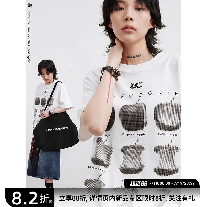 美式复古苹果印花短袖T恤