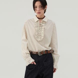 00限时68折 sameuoo散养文化「虚拟」荷叶边条纹衬衫