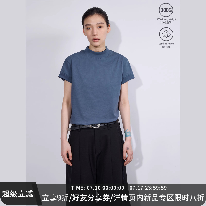 sameuoo散养文化「画布」半高领正肩短袖t恤女夏重磅修身短款上衣