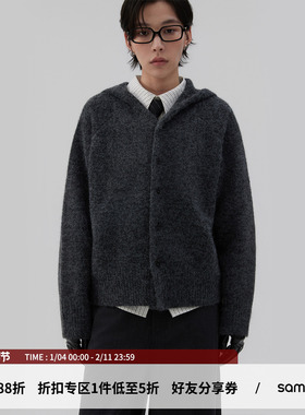 sameuoo散养文化「帽帽」连帽灰色毛衣开衫 羊毛混纺重磅针织衫冬