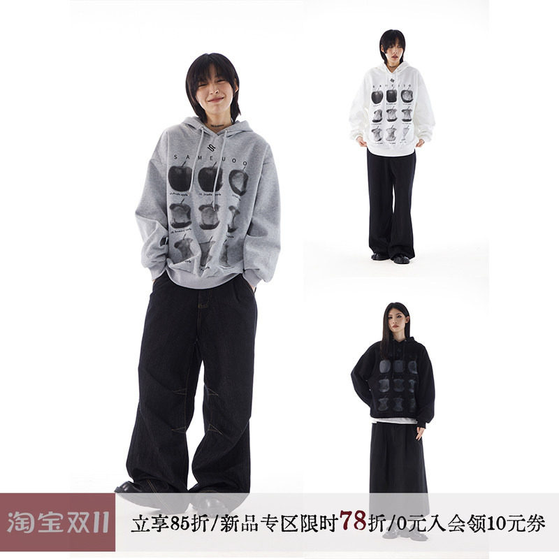 sameuoo散养文化苹果印花美式灰色连帽卫衣女春季中性风上衣男