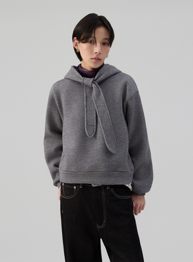 sameuoo散养文化「早安」系带领连帽灰色卫衣冬 抓绒坑条针织上衣