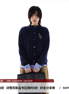 sameuoo散养文化慵懒风复古别针假两件针织衫外套女秋冬毛衣开衫