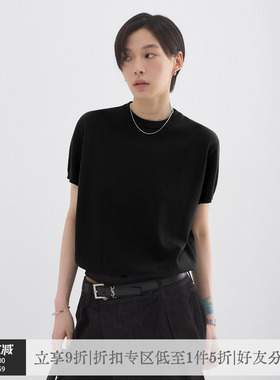 sameuoo散养文化「久仰」黑色亲肤冰丝针织衫短袖t恤女夏通勤上衣