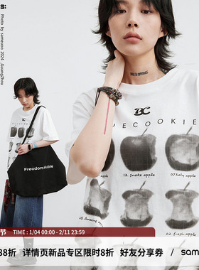 散养文化美式复古苹果印花短袖T女夏中性风半袖高街宽松五分袖男