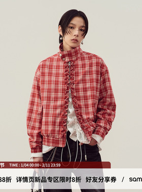 sameuoo散养文化「格纹星系」哈林顿夹克 木耳边跨年红色格纹外套