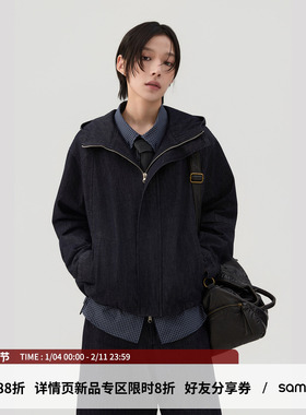 sameuoo散养文化「廓屿」复古水洗做旧牛仔外套 慵懒连帽高领夹克