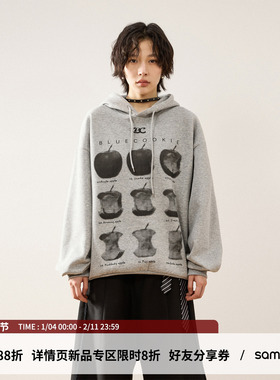 sameuoo散养文化苹果印花美式灰色卫衣女中性风秋冬高级帽衫上衣