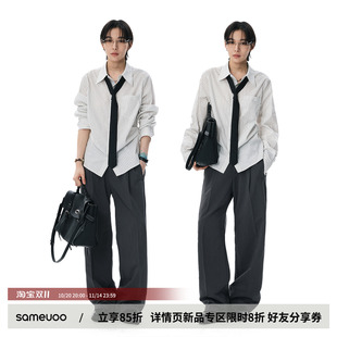 sameuoo散养文化「银映」腰部抽褶摩登中性内搭白色条纹长袖 衬衫