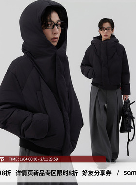 sameuoo散养文化「空顶」黑色连帽90白鸭绒羽绒服冬保暖短款外套