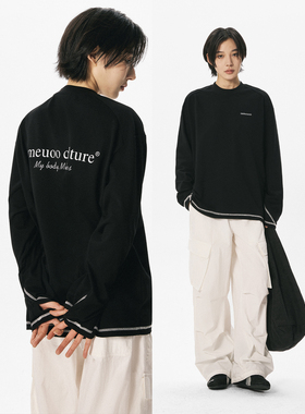 sameuoo散养文化「线映」黑色透气长袖t恤女秋冬明线中性宽松上衣