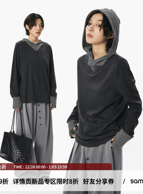 sameuoo散养文化「糯纹」条纹拼接连帽长袖t恤秋冬打底衫内搭上衣
