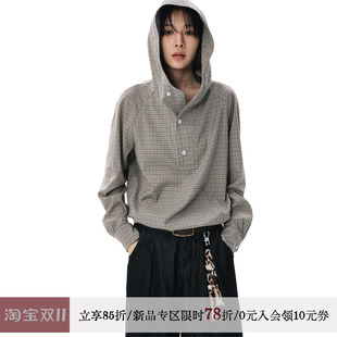 sameuoo散养文化「自由因子」下摆抽绳春秋中性连帽格子长袖衬衫