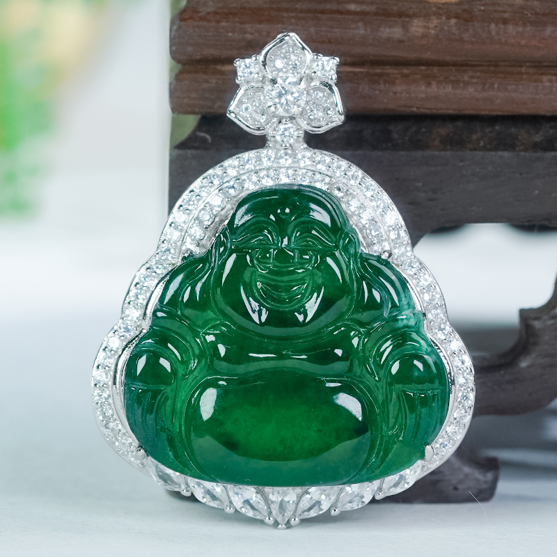 天然翡翠佛公吊坠银镶嵌时尚冰透雕刻辣绿翡翠弥勒佛项链