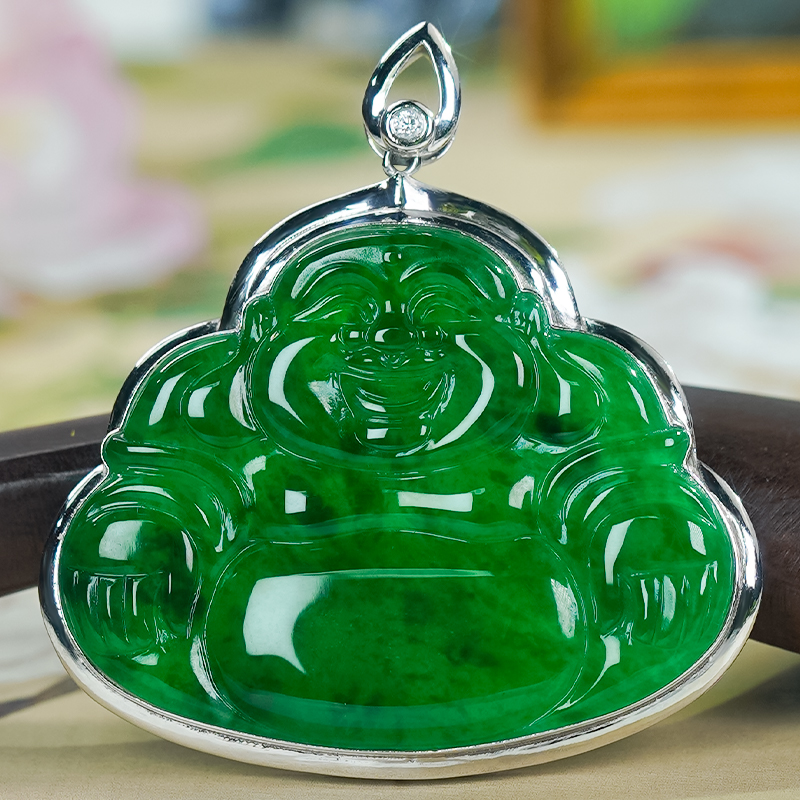 铂Pt950镶嵌天然翡翠佛公A货满绿大气冰辣绿翡翠真玉吊坠（大号）