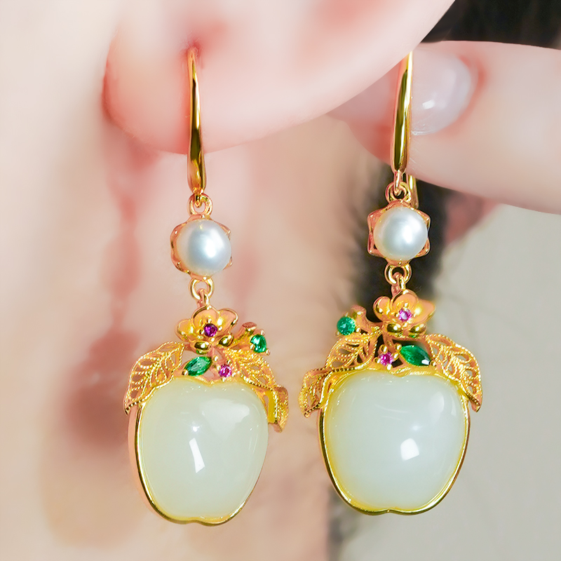 天然和田玉银镶嵌精致镂空花丝工艺白玉苹果耳环耳钩