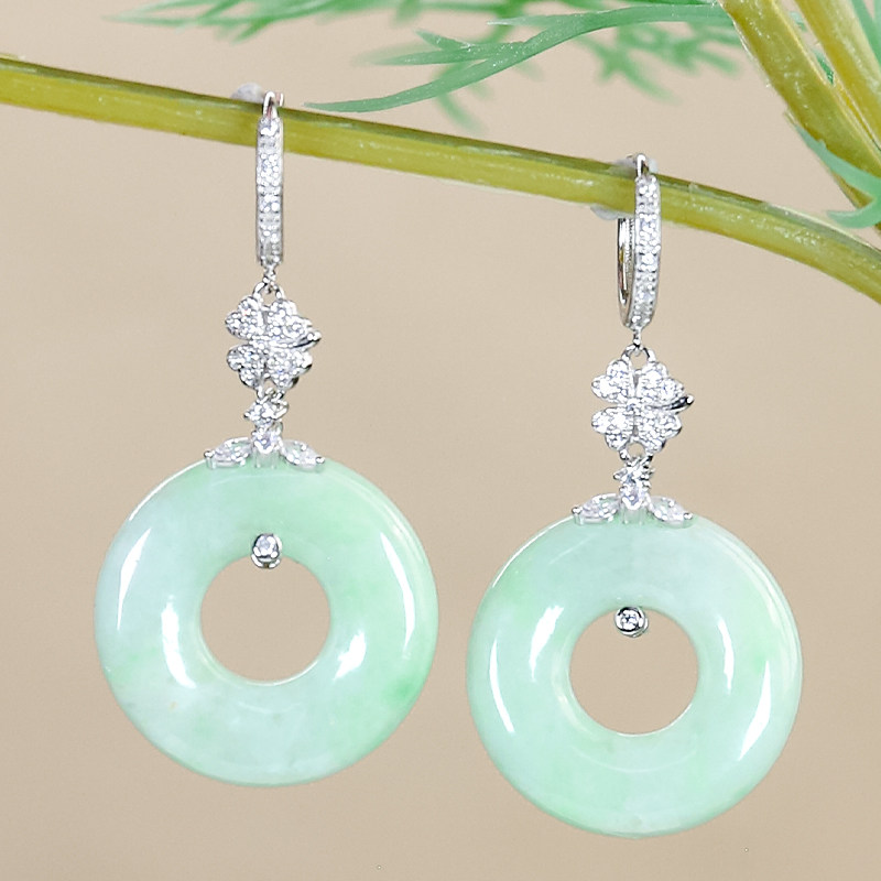 天然翡翠A货精致设计感飘阳绿翡翠925银白色甜甜圈耳坠耳包耳环