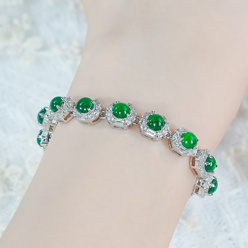 洛丽亚银镶天然翡翠手链轻奢精致高级感冰透辣绿蛋面翡翠A货手串