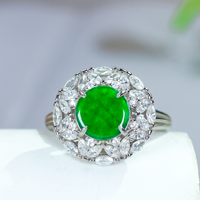 天然翡翠A货满绿龙石圆牌戒指