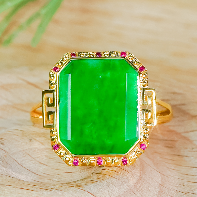 18K天然翡翠戒指龙石翡翠回纹戒