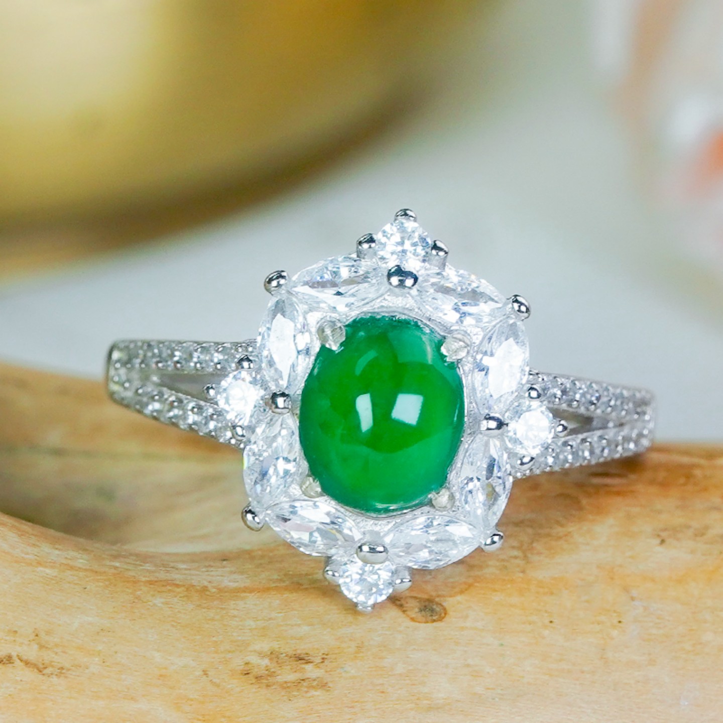 银镶A货高冰满绿翡翠活口戒