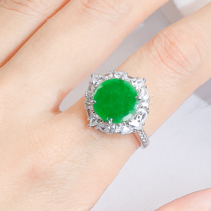 精致时尚设计感天然豪镶满辣绿翡翠A货龙石种银白色圆牌戒指送礼