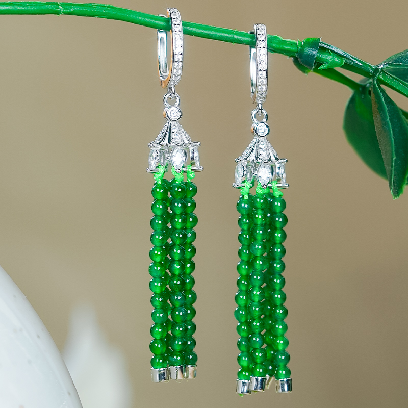 洛丽亚天然翡翠A货银镶嵌精致小众长款设计冰辣绿小米珠耳环