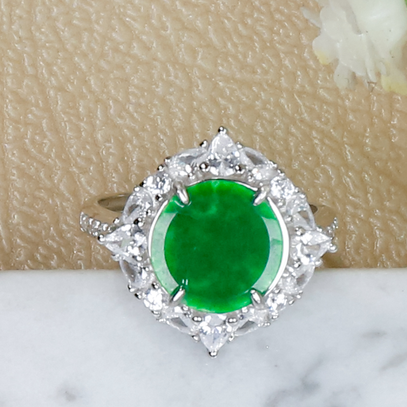 生日礼物天然翡翠A货精致时尚辣绿翡翠龙石种银白色圆牌戒指