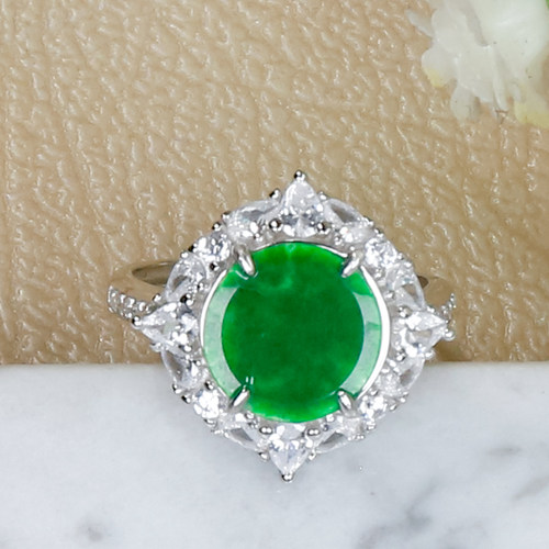 生日礼物天然翡翠A货精致时尚辣绿翡翠龙石种银白色圆牌戒指