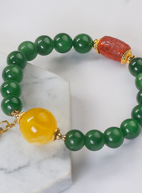 福气满满时尚设计高级感气质银镶天然和田玉碧玉圆珠珠手串手链