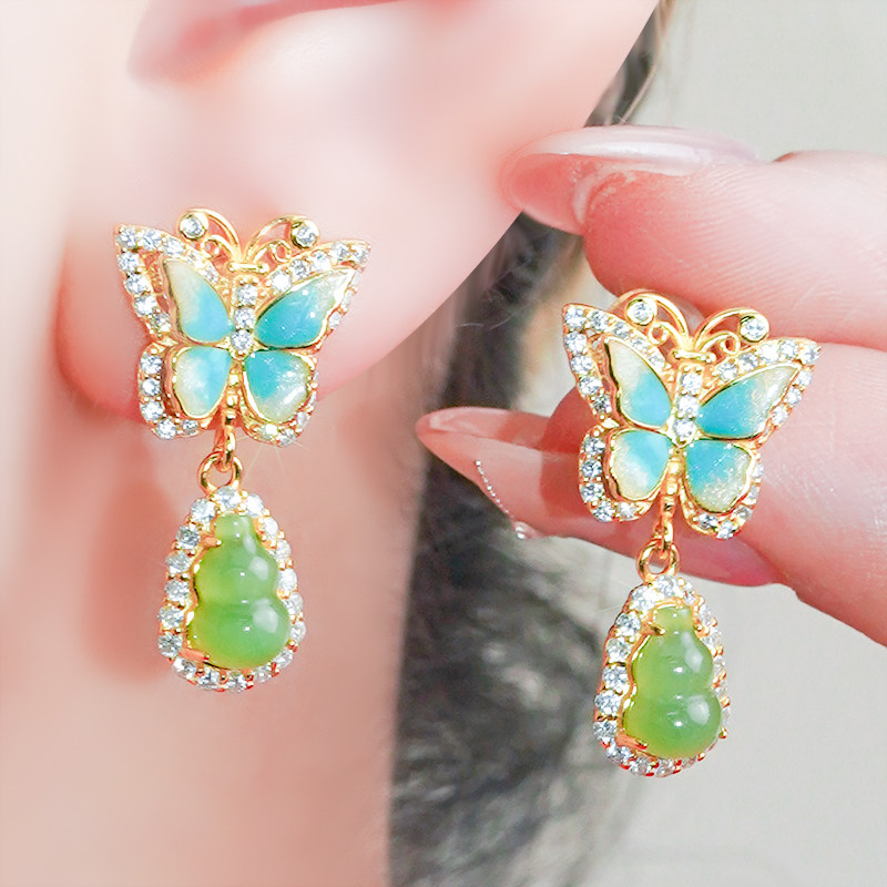 菠菜绿碧玉耳饰银镶嵌新中式国风蝴蝶设计葫芦和田玉耳钉